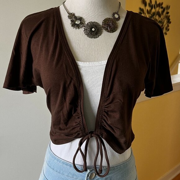 BROWN Tie-Front Cropped Shrug w/ Flutter Sleeve - Picture 2 of 7